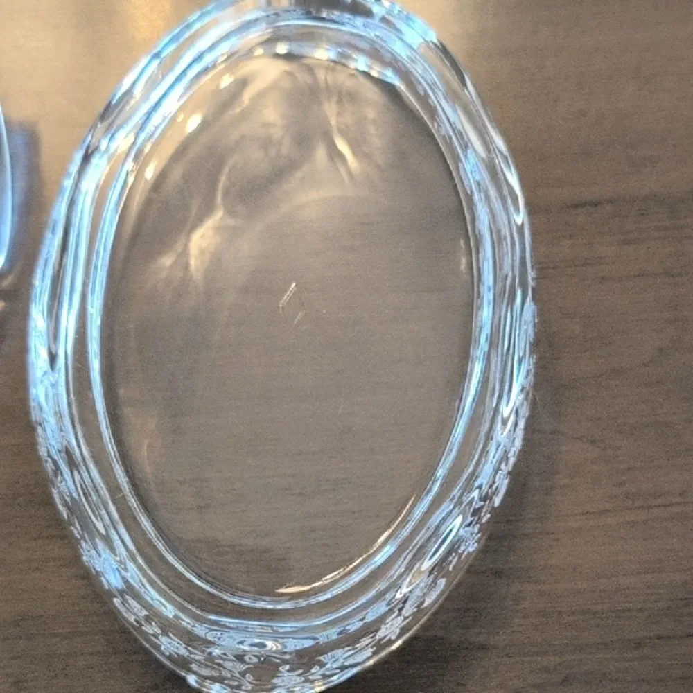 Heisey Glass Elegant Queen Ann Etched Orchid Lemon Dish with Dolphin Finial 1940